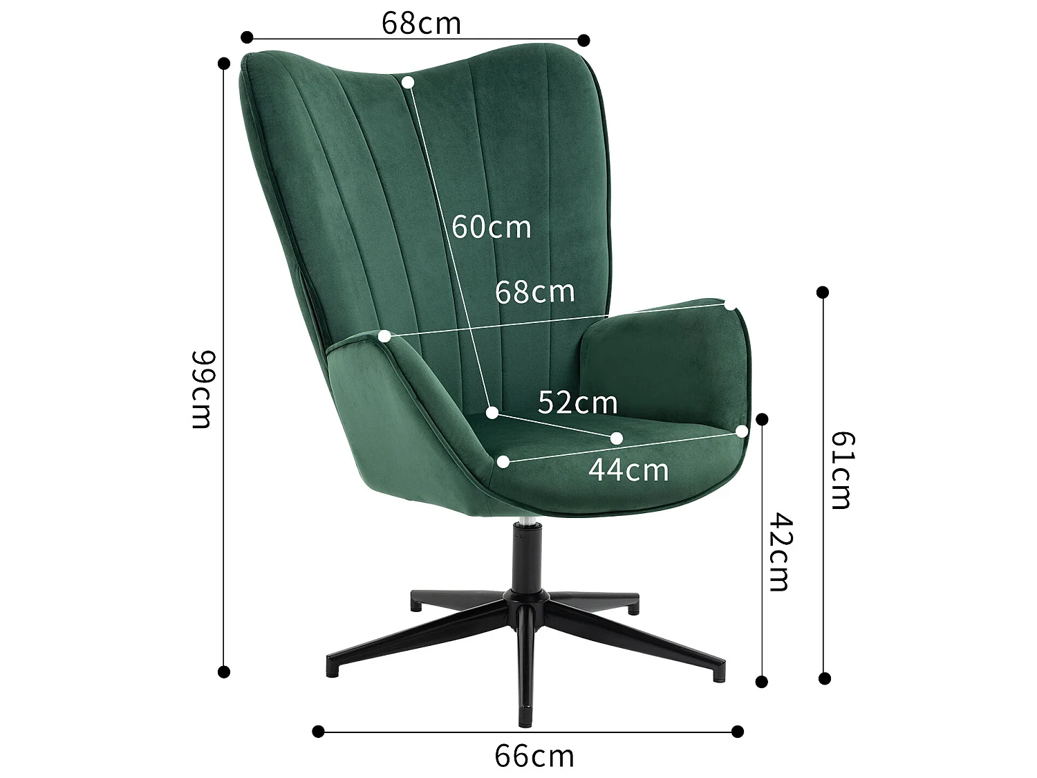 Fauteuil Scandinave Chaise Pivotant pour Bureau Salon Chambre avec Un revêtement en Tissu des Accoudoirs Rembourés, Métal, Vert, 68x87x99cm
