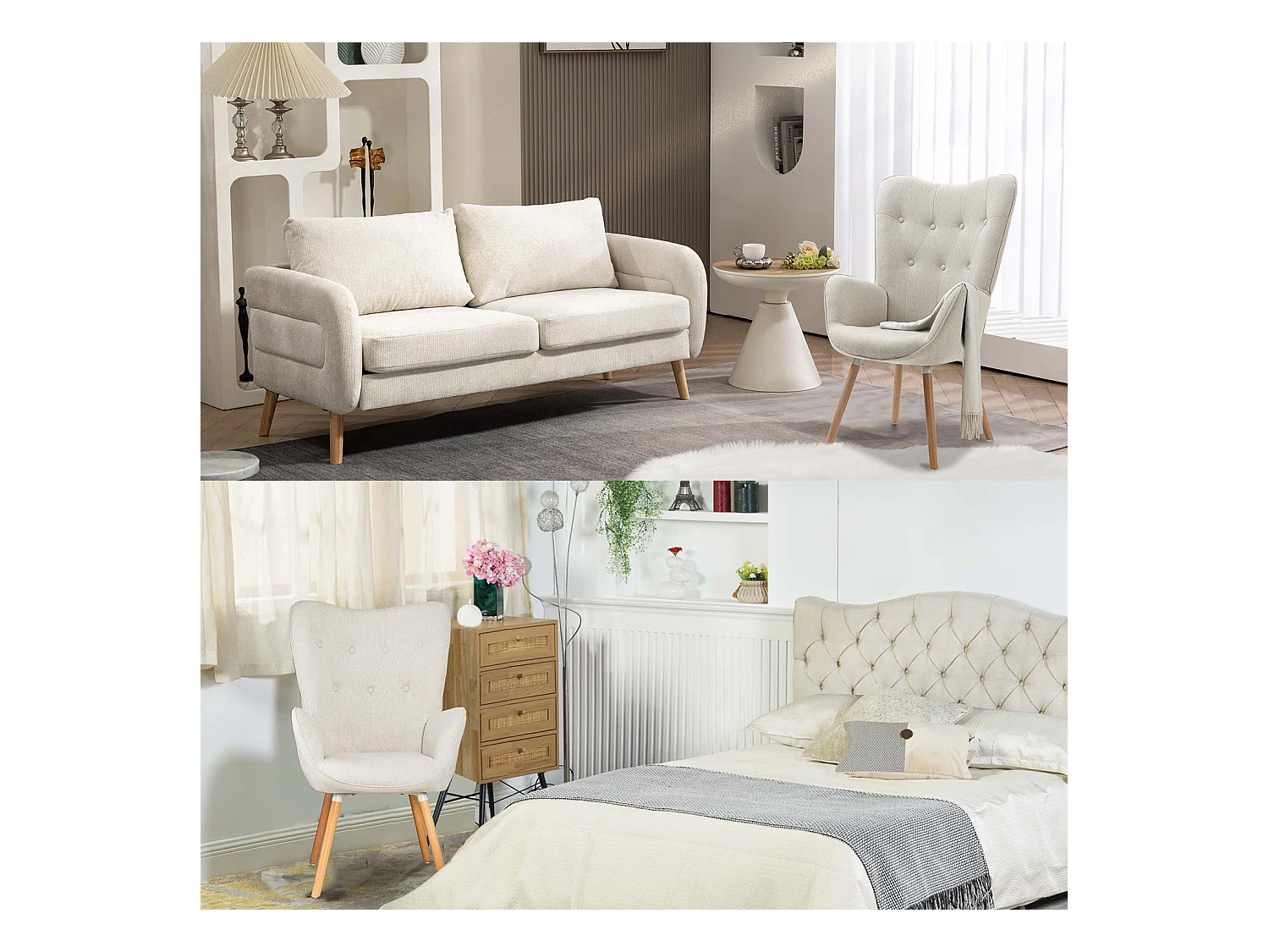 MEUBLES COSY Fauteuil relax fauteuil confortable style scandinave rembourés en Tissu Pieds Bois Massif, Beige