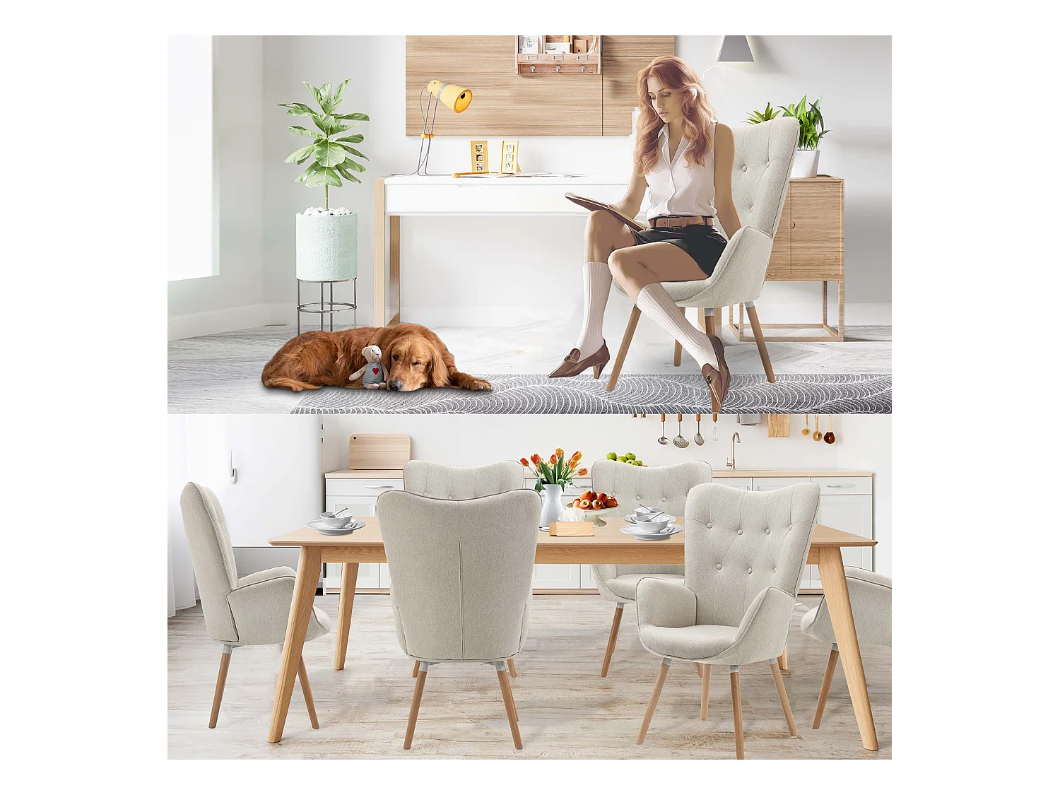 MEUBLES COSY Fauteuil relax fauteuil confortable style scandinave rembourés en Tissu Pieds Bois Massif, Beige