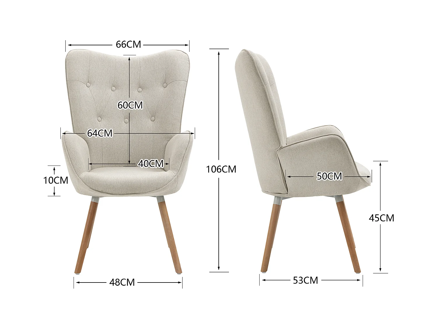 MEUBLES COSY Fauteuil relax fauteuil confortable style scandinave rembourés en Tissu Pieds Bois Massif, Beige