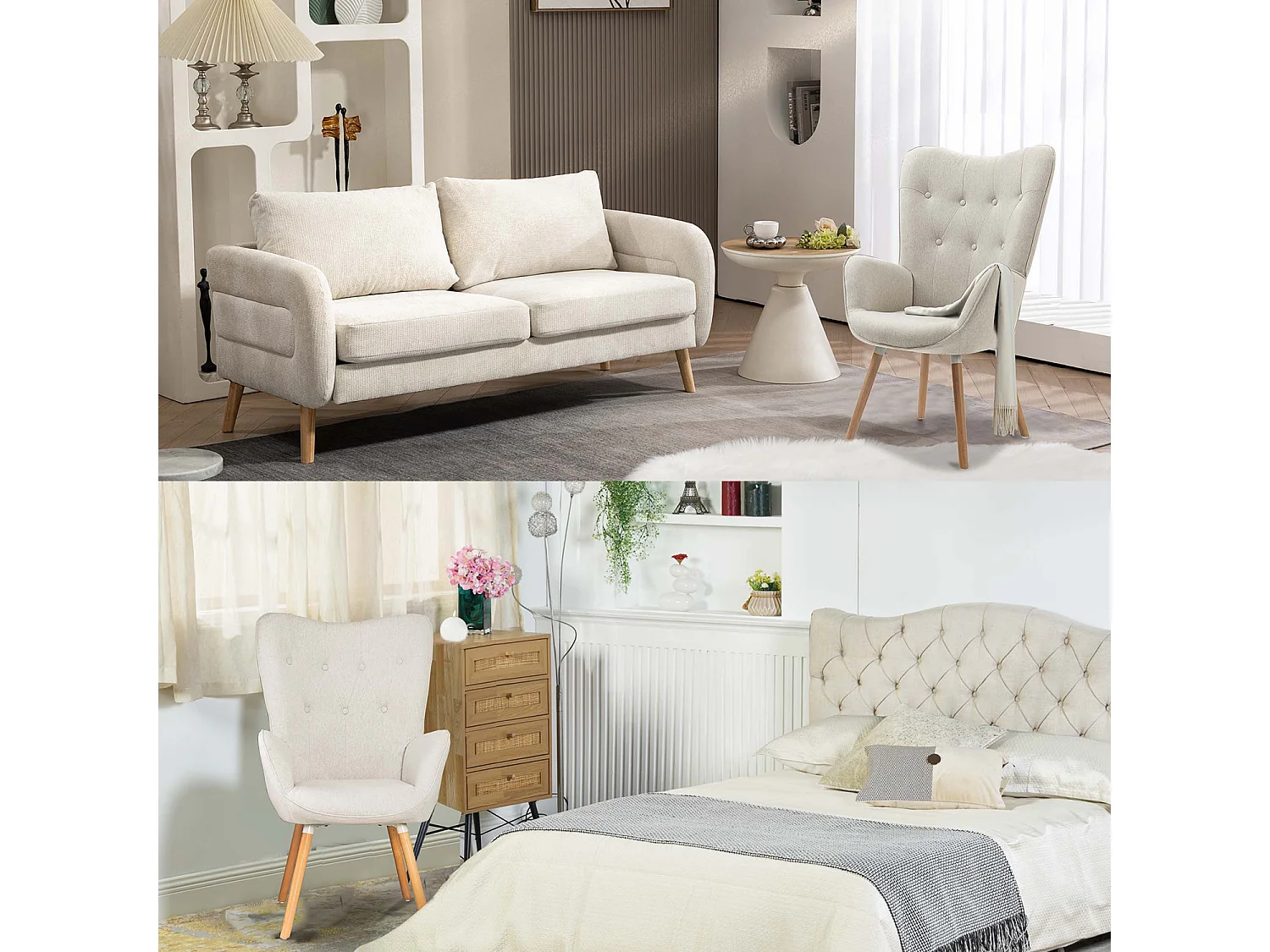 MEUBLES COSY Fauteuil relax fauteuil confortable style scandinave rembourés en Tissu Pieds Bois Massif, Beige