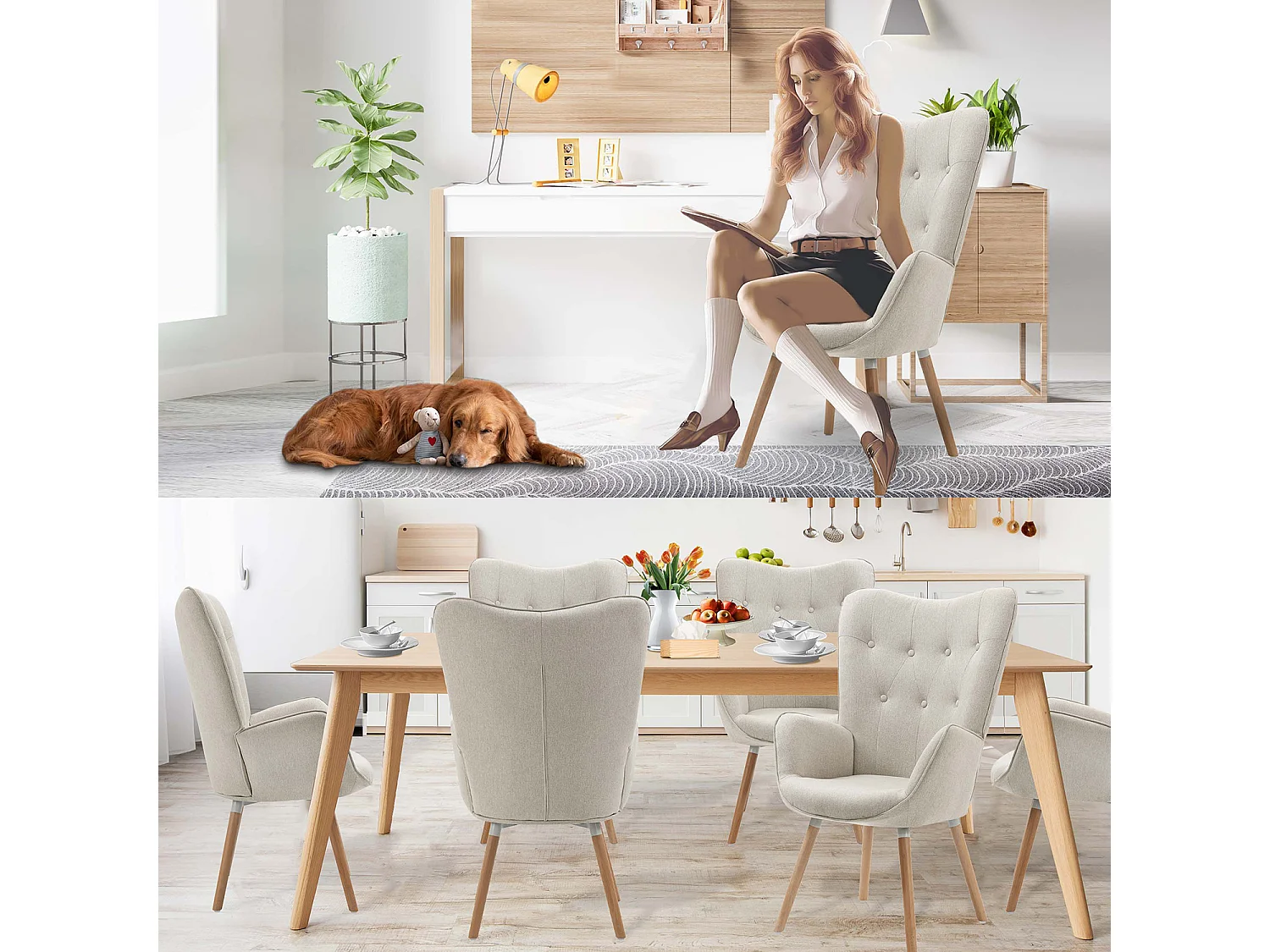 MEUBLES COSY Fauteuil relax fauteuil confortable style scandinave rembourés en Tissu Pieds Bois Massif, Beige