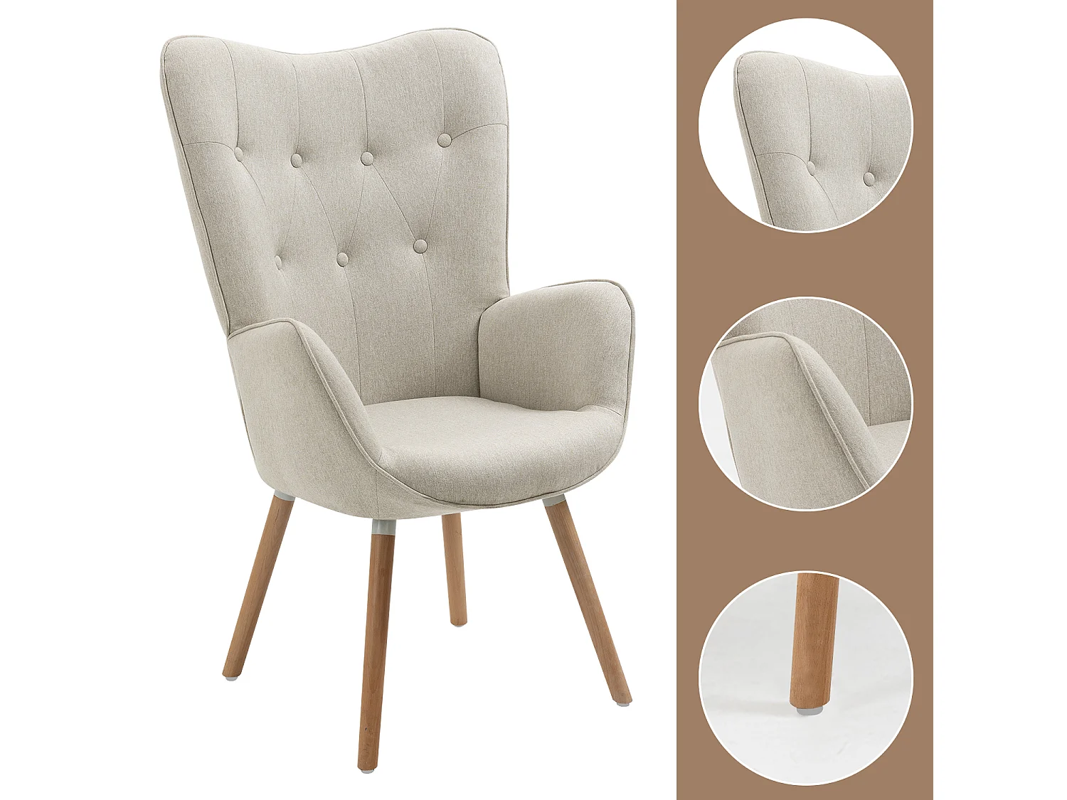 MEUBLES COSY Fauteuil relax fauteuil confortable style scandinave rembourés en Tissu Pieds Bois Massif, Beige