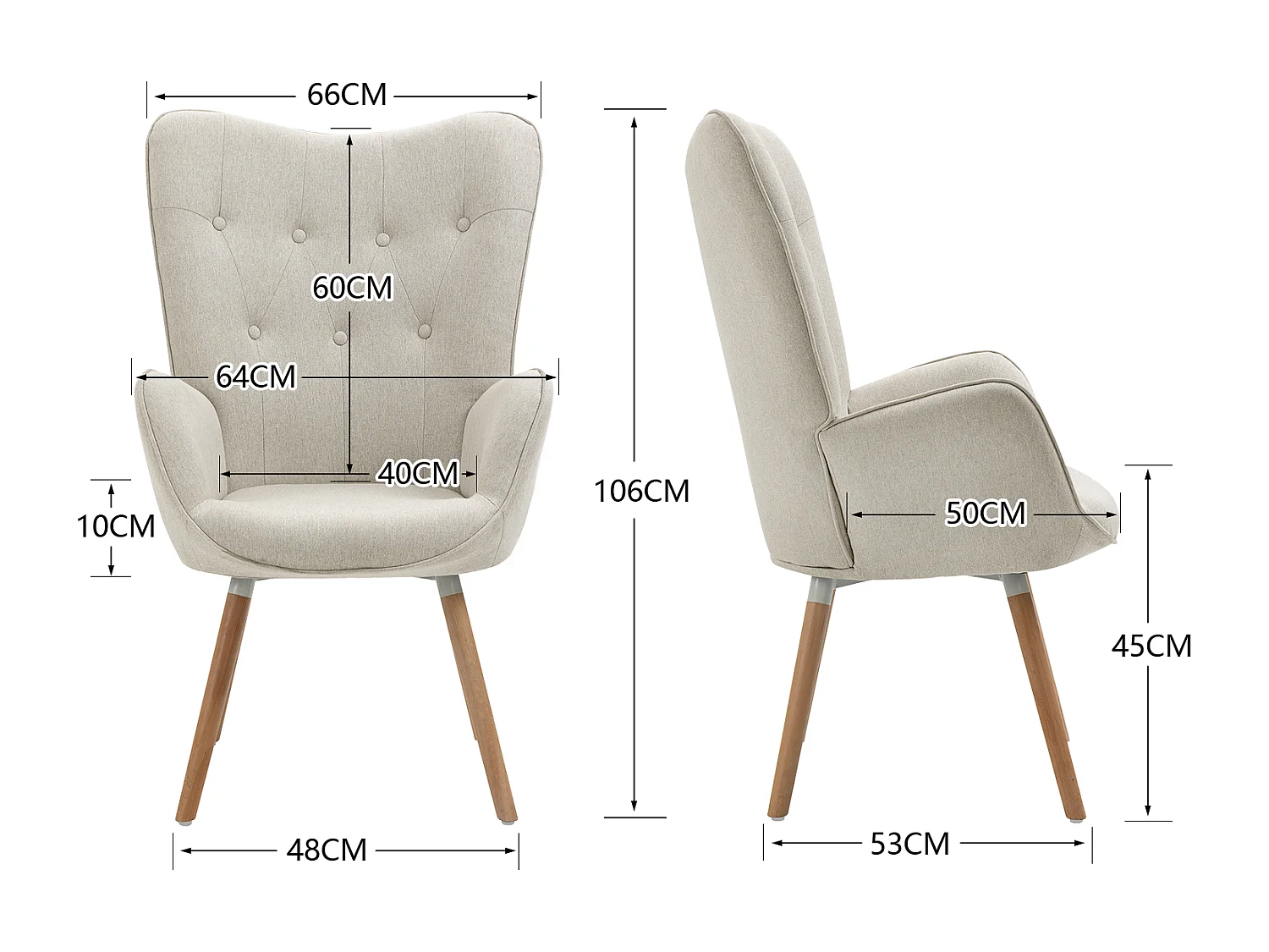 MEUBLES COSY Fauteuil relax fauteuil confortable style scandinave rembourés en Tissu Pieds Bois Massif, Beige