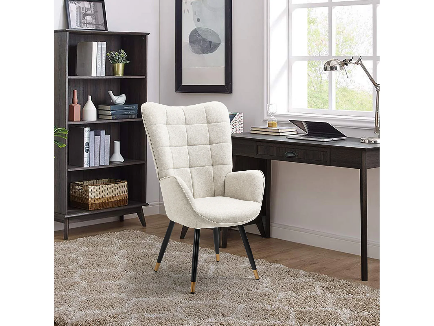 MEUBLES COSY Fauteuil scandinave confortable chaise de coiffeuse avec assise épaisse et accoudoirs rembourrés en tissu, pieds en métal, Beige