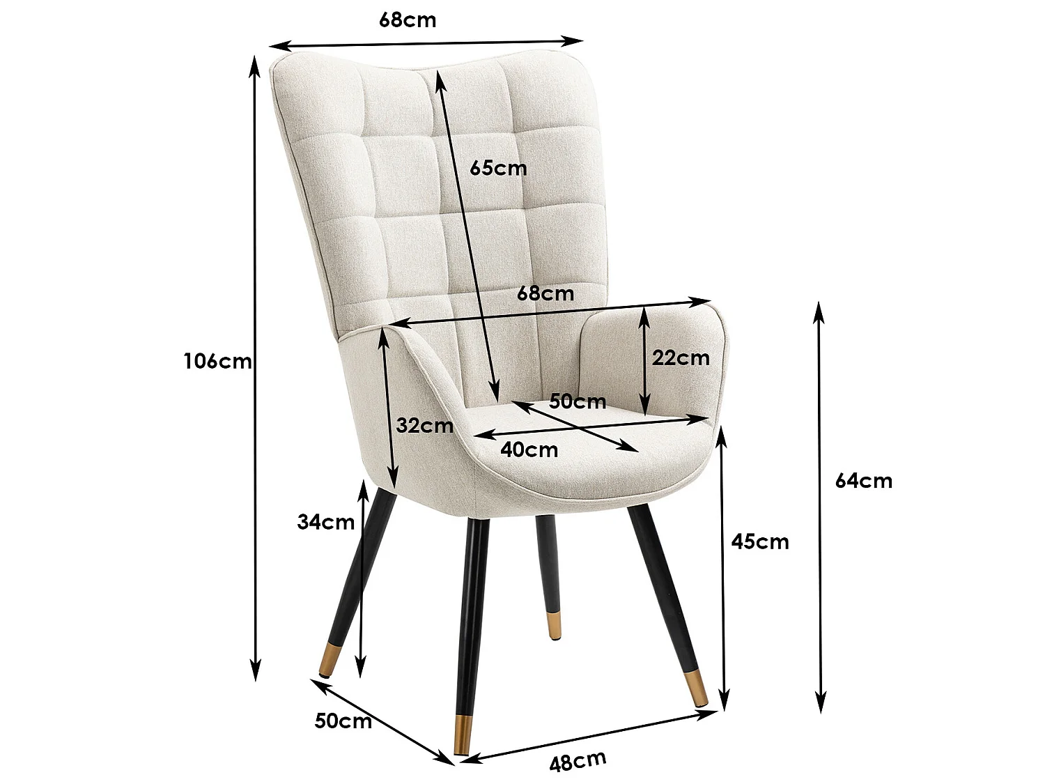 MEUBLES COSY Fauteuil scandinave confortable chaise de coiffeuse avec assise épaisse et accoudoirs rembourrés en tissu, pieds en métal, Beige