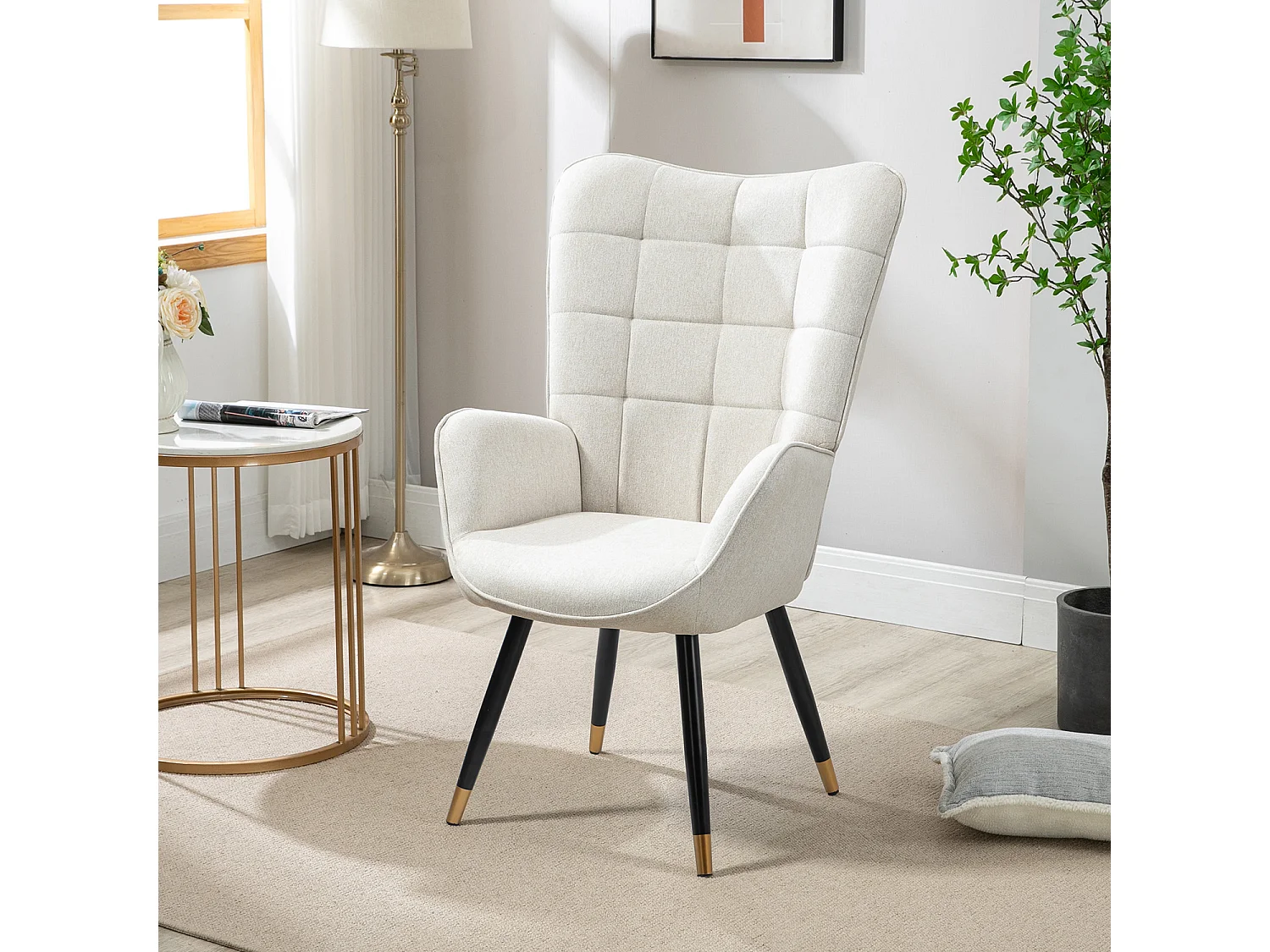 MEUBLES COSY Fauteuil scandinave confortable chaise de coiffeuse avec assise épaisse et accoudoirs rembourrés en tissu, pieds en métal, Beige