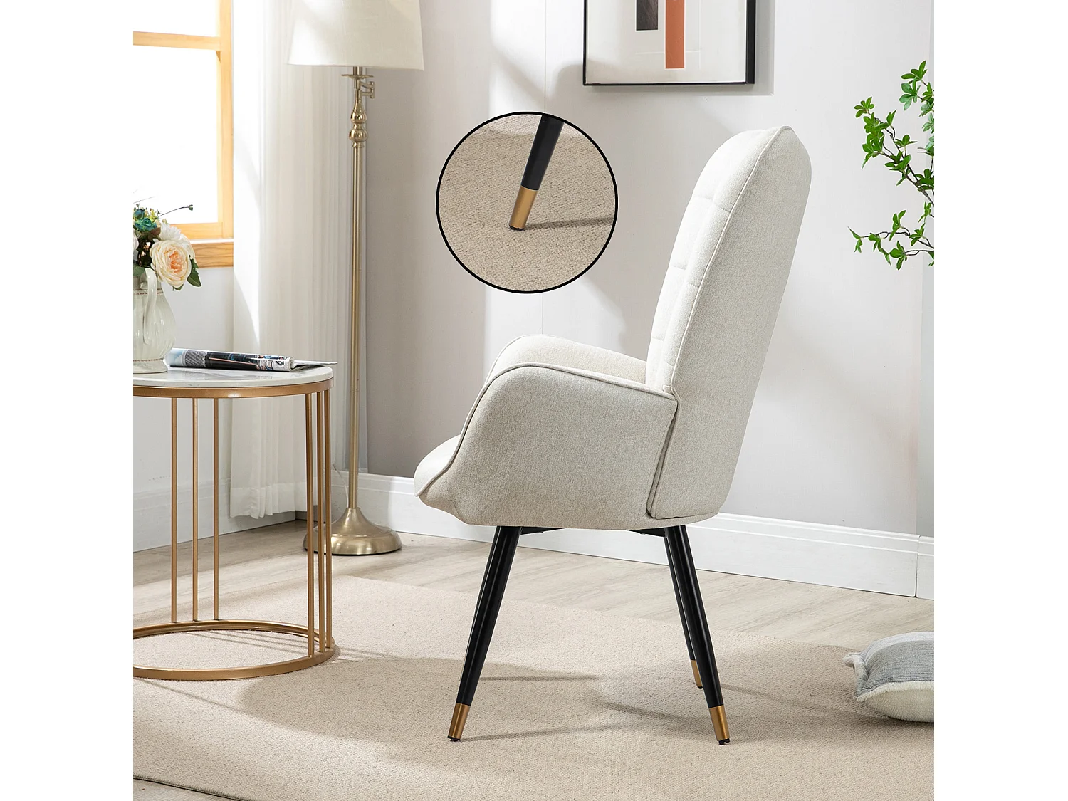 MEUBLES COSY Fauteuil scandinave confortable chaise de coiffeuse avec assise épaisse et accoudoirs rembourrés en tissu, pieds en métal, Beige