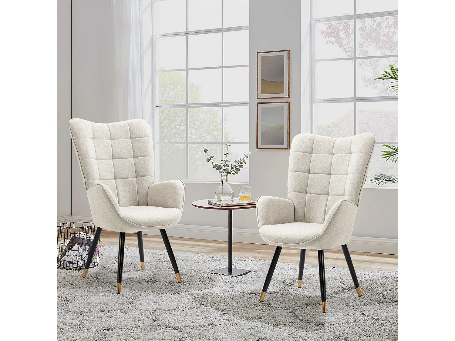 MEUBLES COSY Fauteuil scandinave confortable chaise de coiffeuse avec assise épaisse et accoudoirs rembourrés en tissu, pieds en métal, Beige
