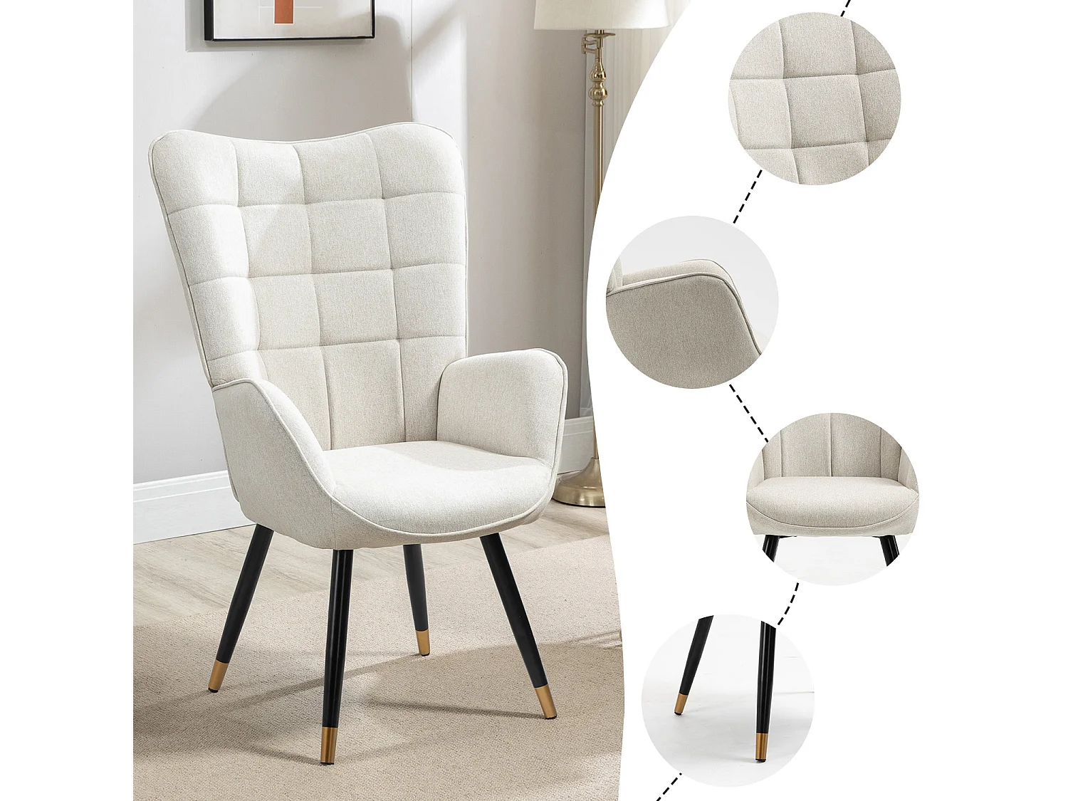 MEUBLES COSY Fauteuil scandinave confortable chaise de coiffeuse avec assise épaisse et accoudoirs rembourrés en tissu, pieds en métal, Beige