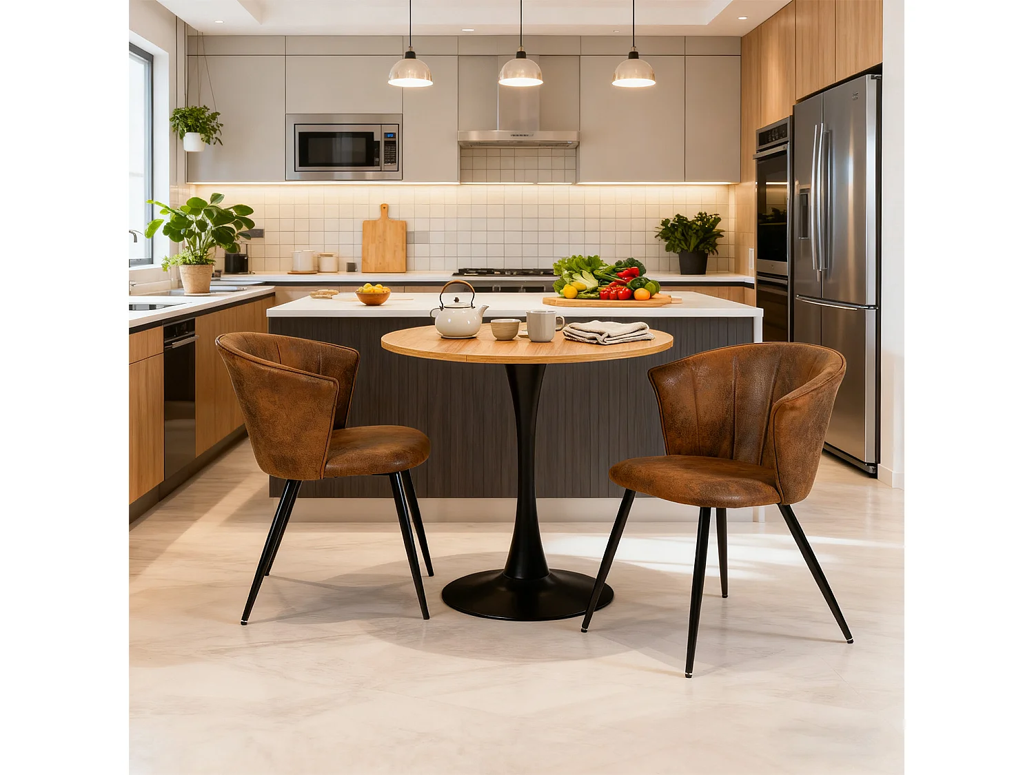 MEUBLES COSY Lot de 2 chaises de salle à manger fauteuils industriels assise et dossier rembourrés en suédine marron, pieds en métal noir