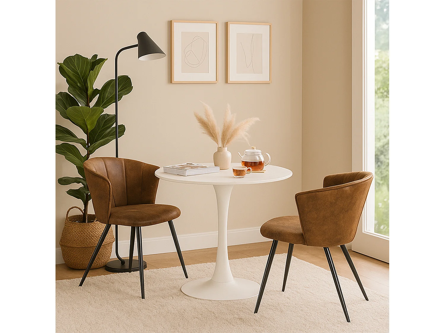 MEUBLES COSY Lot de 2 chaises de salle à manger fauteuils industriels assise et dossier rembourrés en suédine marron, pieds en métal noir