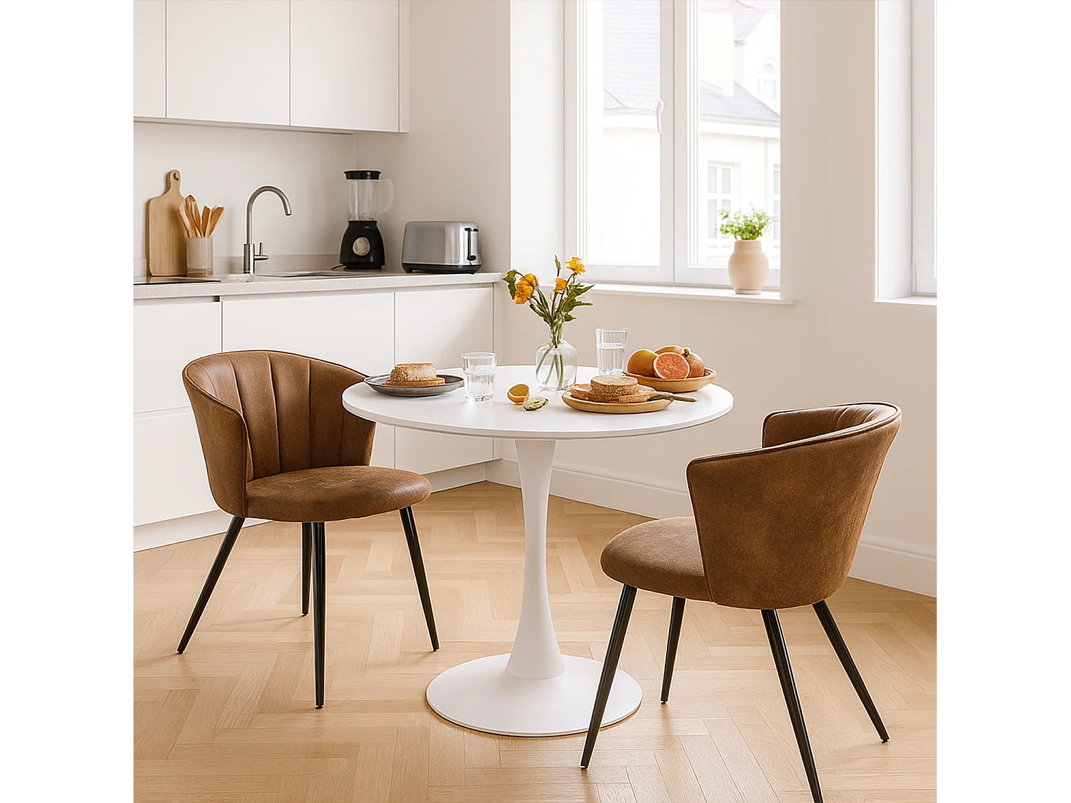 MEUBLES COSY Lot de 2 chaises de salle à manger fauteuils industriels assise et dossier rembourrés en suédine marron, pieds en métal noir