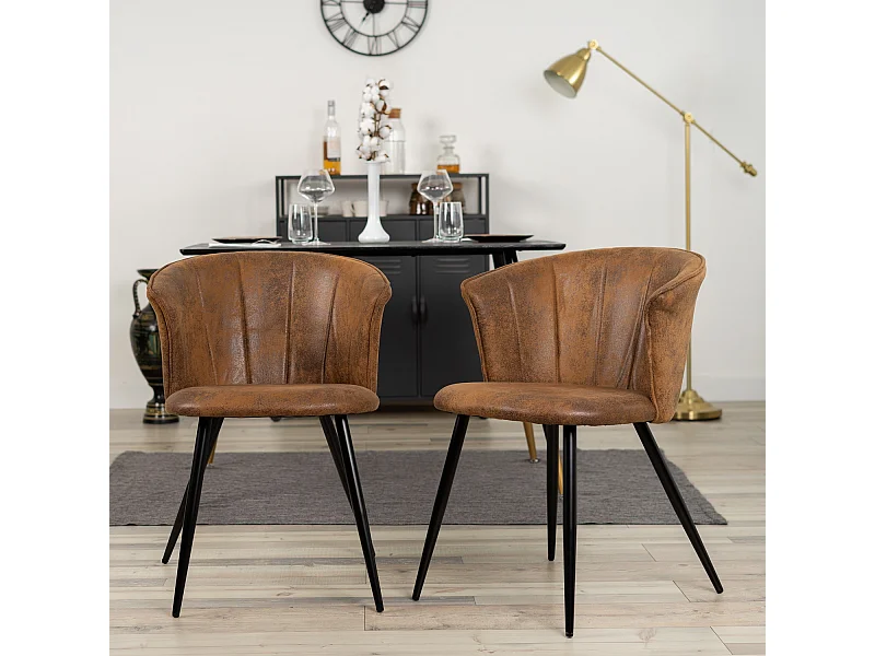 MEUBLES COSY Lot de 2 chaises de salle à manger fauteuils industriels assise et dossier rembourrés en suédine marron, pieds en métal noir