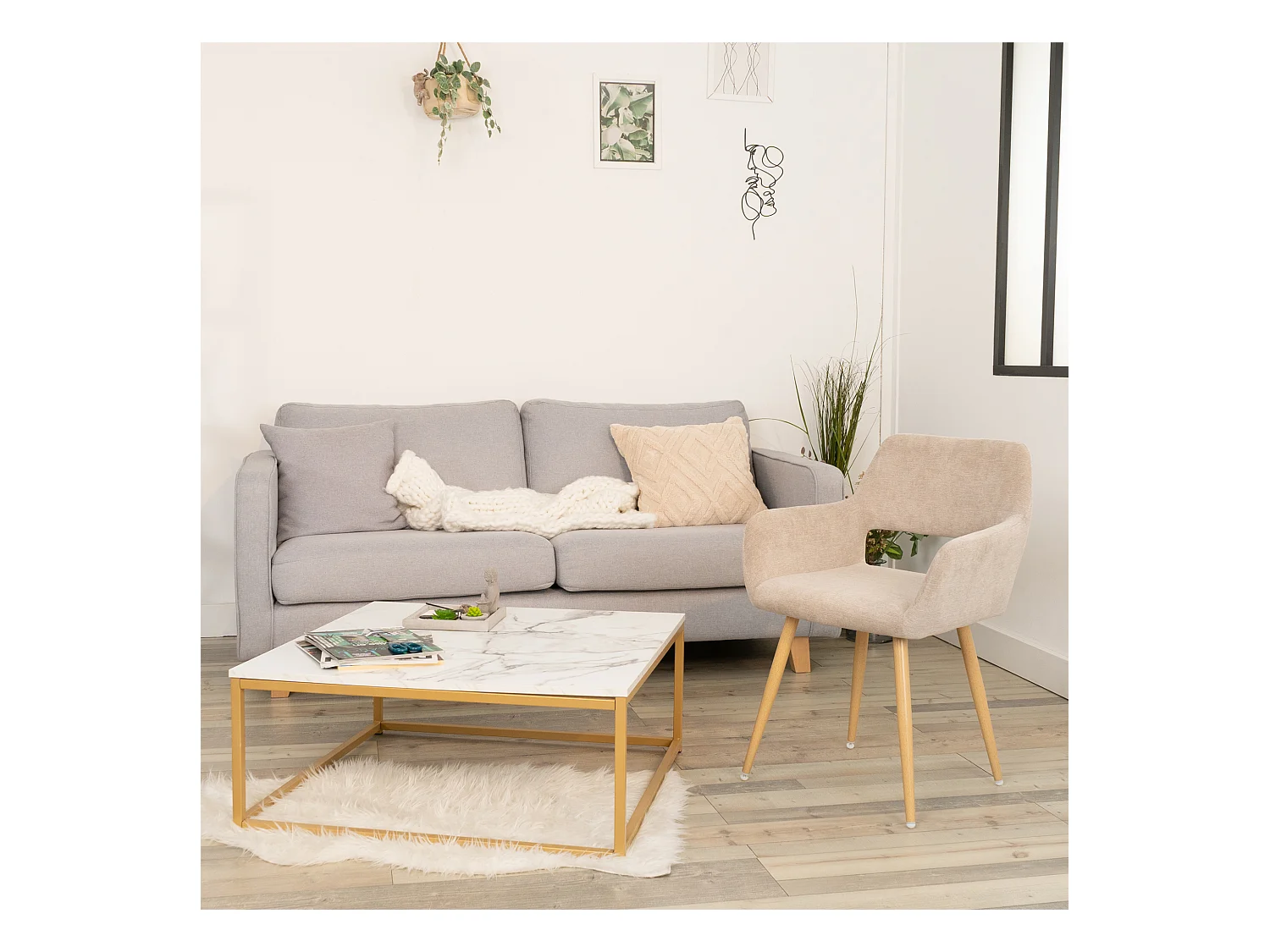 MEUBLES COSY Lot de 2 chaises de salle à manger fauteuils style scandinave rembourrée en tissu pieds en métal beige,CROMWELL