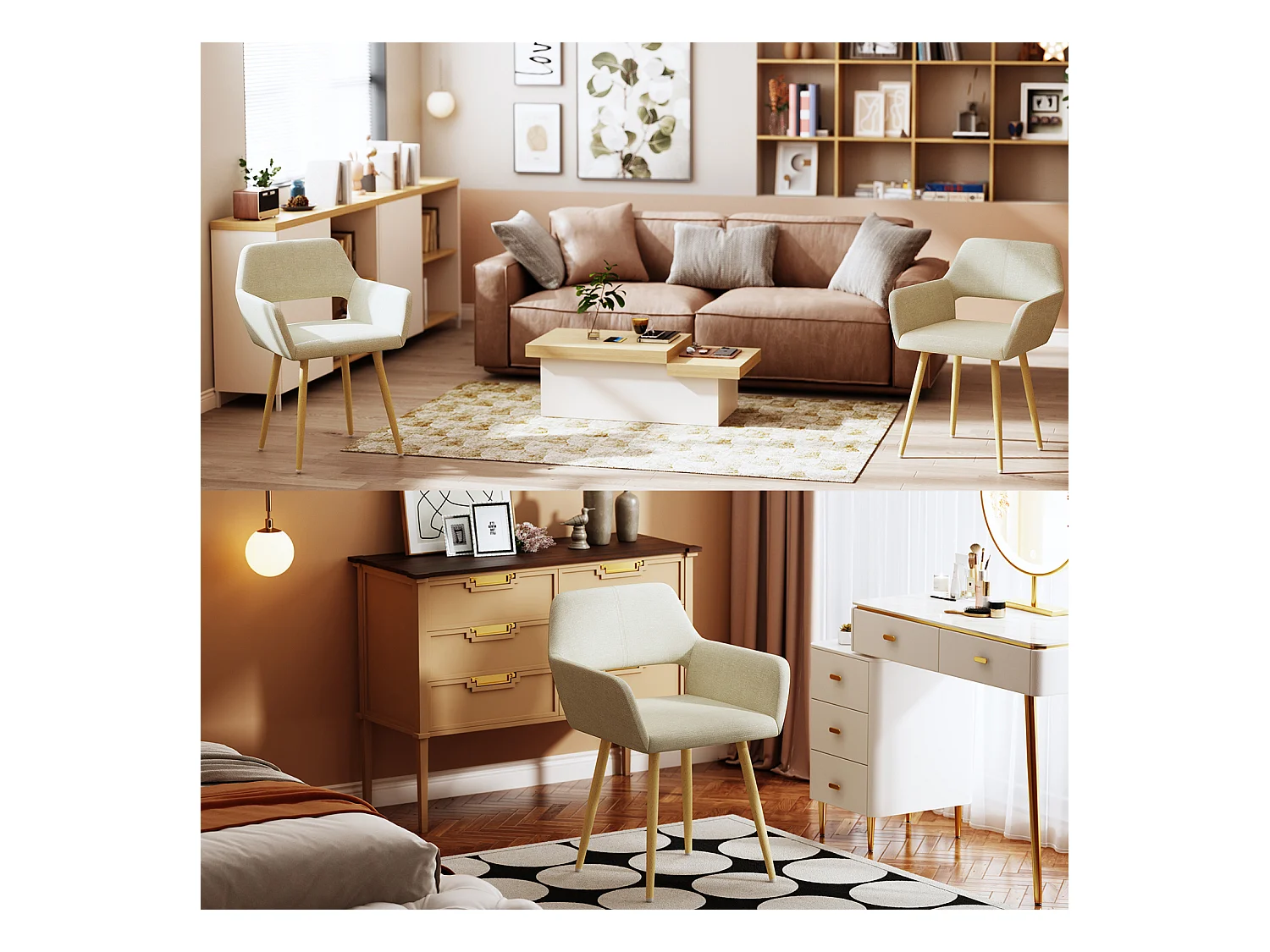 MEUBLES COSY Lot de 2 chaises de salle à manger fauteuils style scandinave rembourrée en tissu pieds en métal beige,CROMWELL