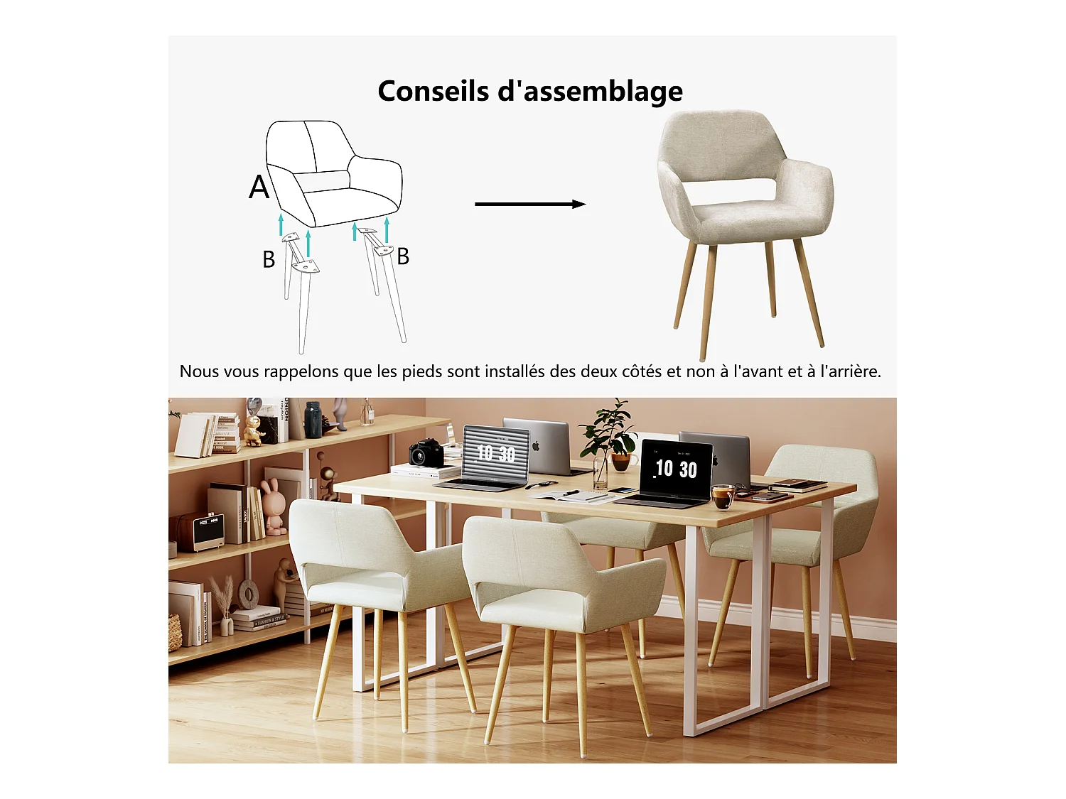 MEUBLES COSY Lot de 2 chaises de salle à manger fauteuils style scandinave rembourrée en tissu pieds en métal beige,CROMWELL