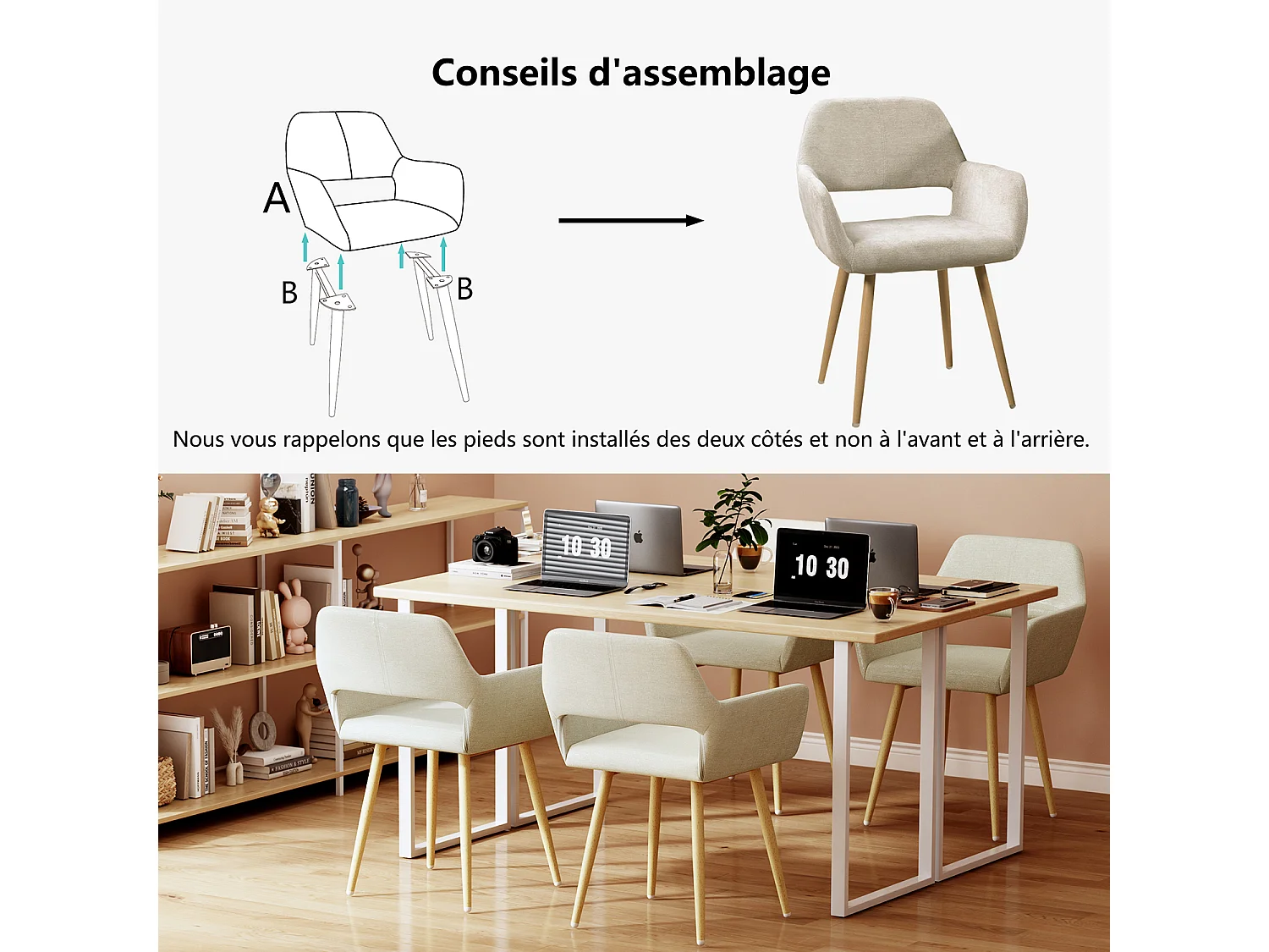 MEUBLES COSY Lot de 2 chaises de salle à manger fauteuils style scandinave rembourrée en tissu pieds en métal beige,CROMWELL