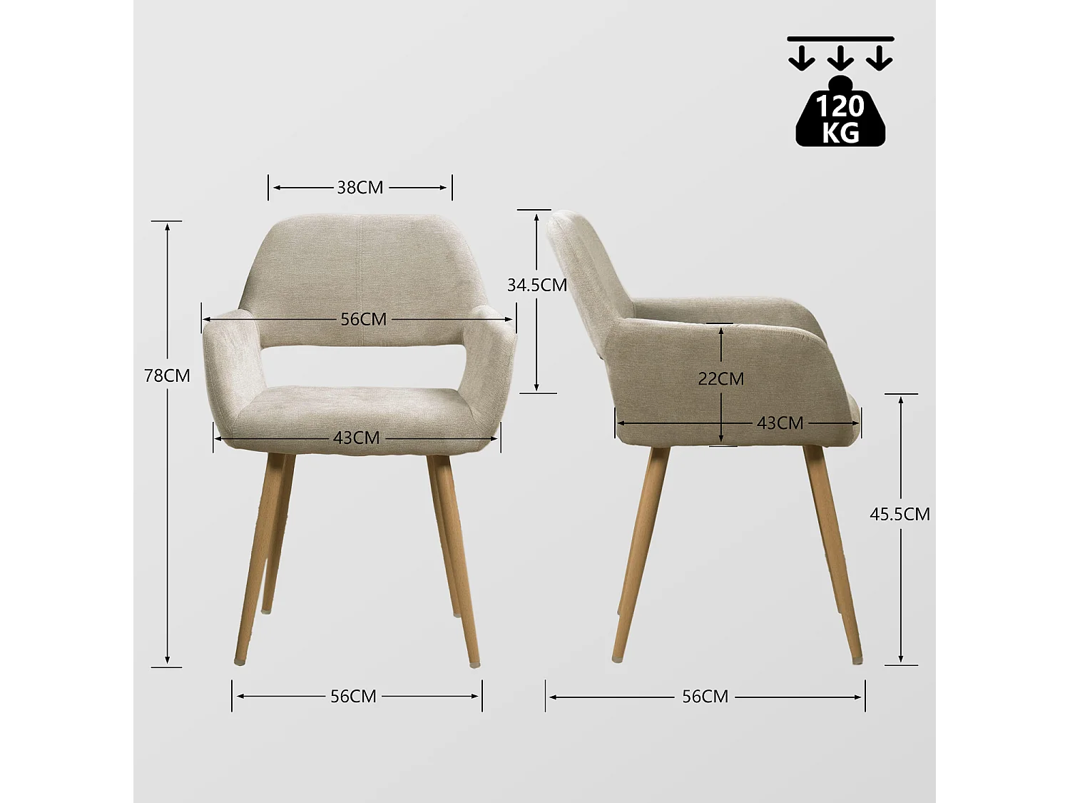MEUBLES COSY Lot de 2 chaises de salle à manger fauteuils style scandinave rembourrée en tissu pieds en métal beige,CROMWELL