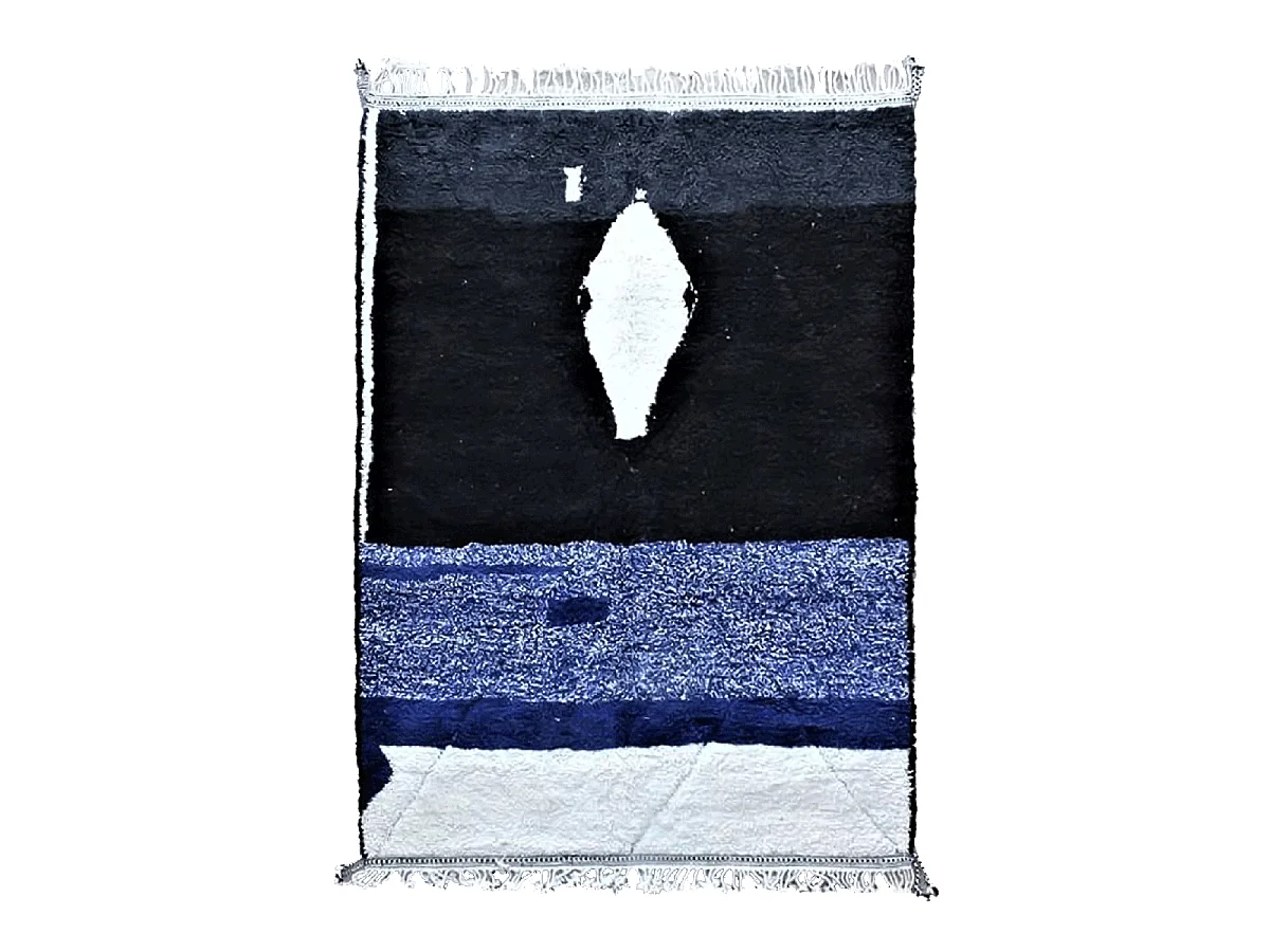 Authentique tapis berbère 250x360 fait main en laine bleu et noir ZAOUBI