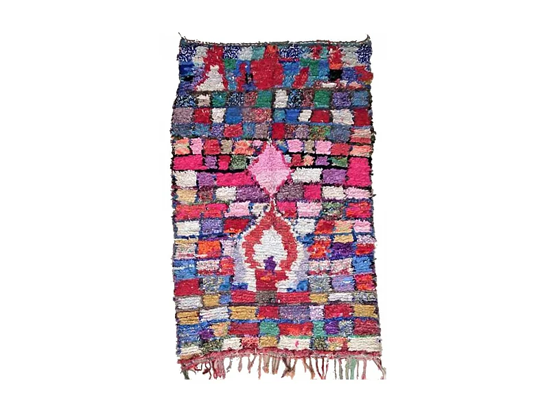 Authentique tapis berbère 160x250 fait main en tissu recyclé rose et bleu BOUSKE