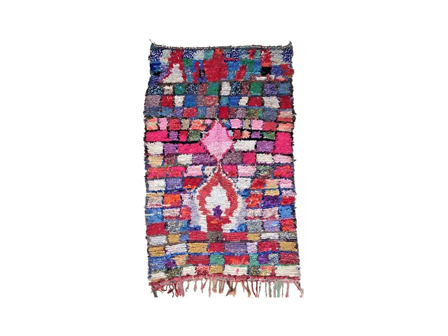 Authentique tapis berbère 160x250 fait main en tissu recyclé rose et bleu BOUSKE