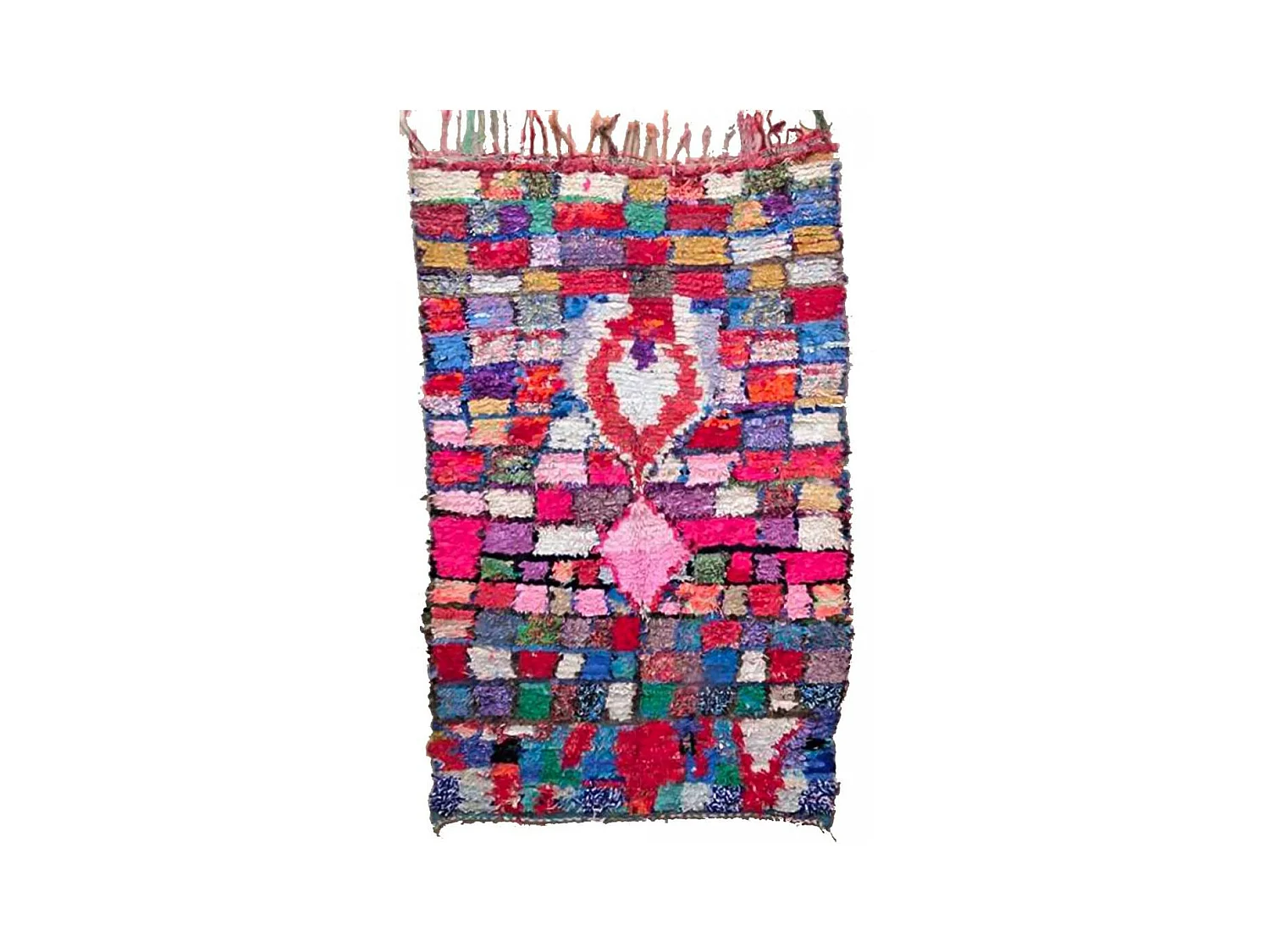 Authentique tapis berbère 160x250 fait main en tissu recyclé rose et bleu BOUSKE