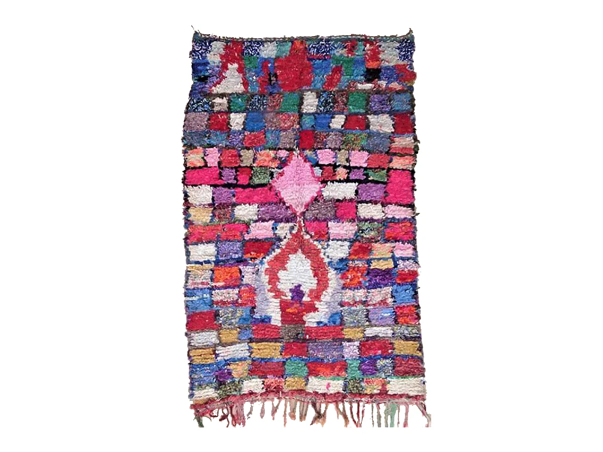 Authentique tapis berbère 160x250 fait main en tissu recyclé rose et bleu BOUSKE