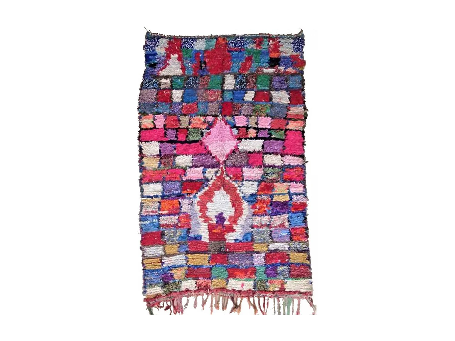 Authentique tapis berbère 160x250 fait main en tissu recyclé rose et bleu BOUSKE