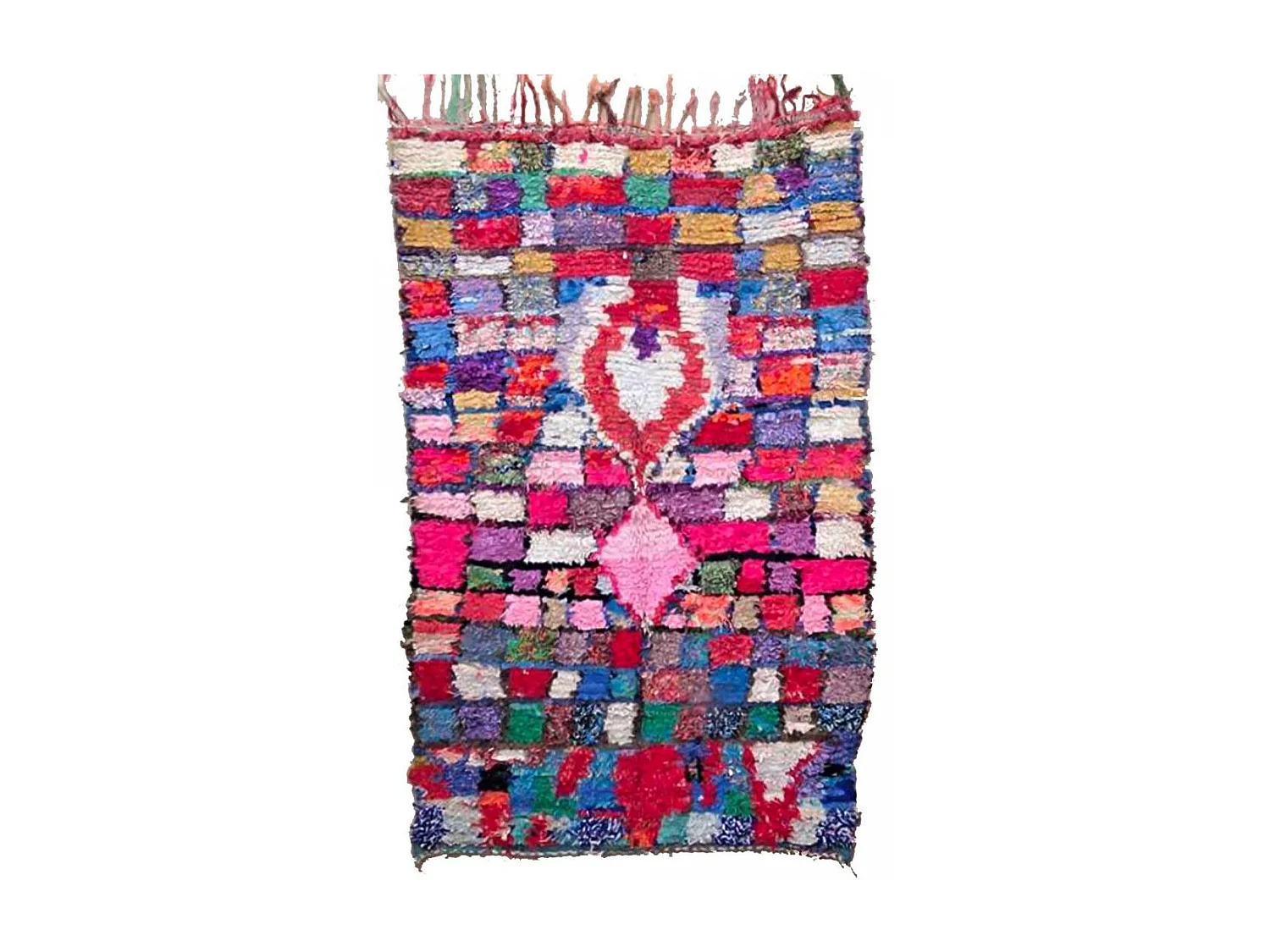 Authentique tapis berbère 160x250 fait main en tissu recyclé rose et bleu BOUSKE