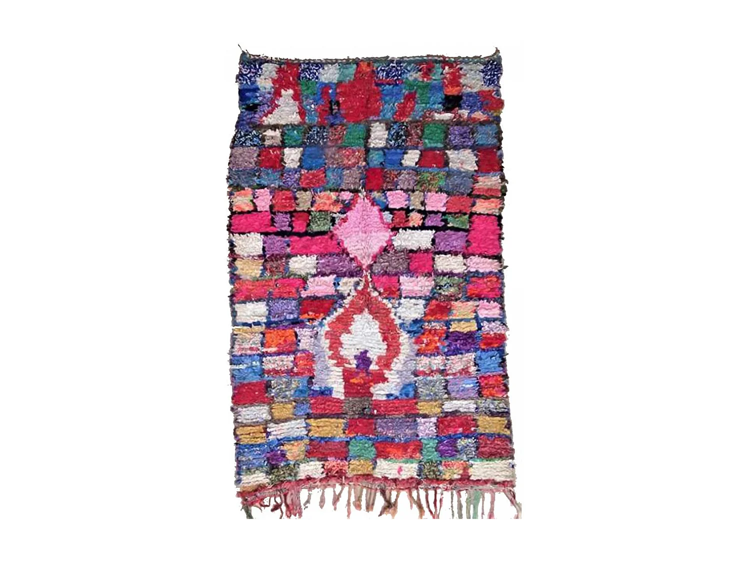 Authentique tapis berbère 160x250 fait main en tissu recyclé rose et bleu BOUSKE