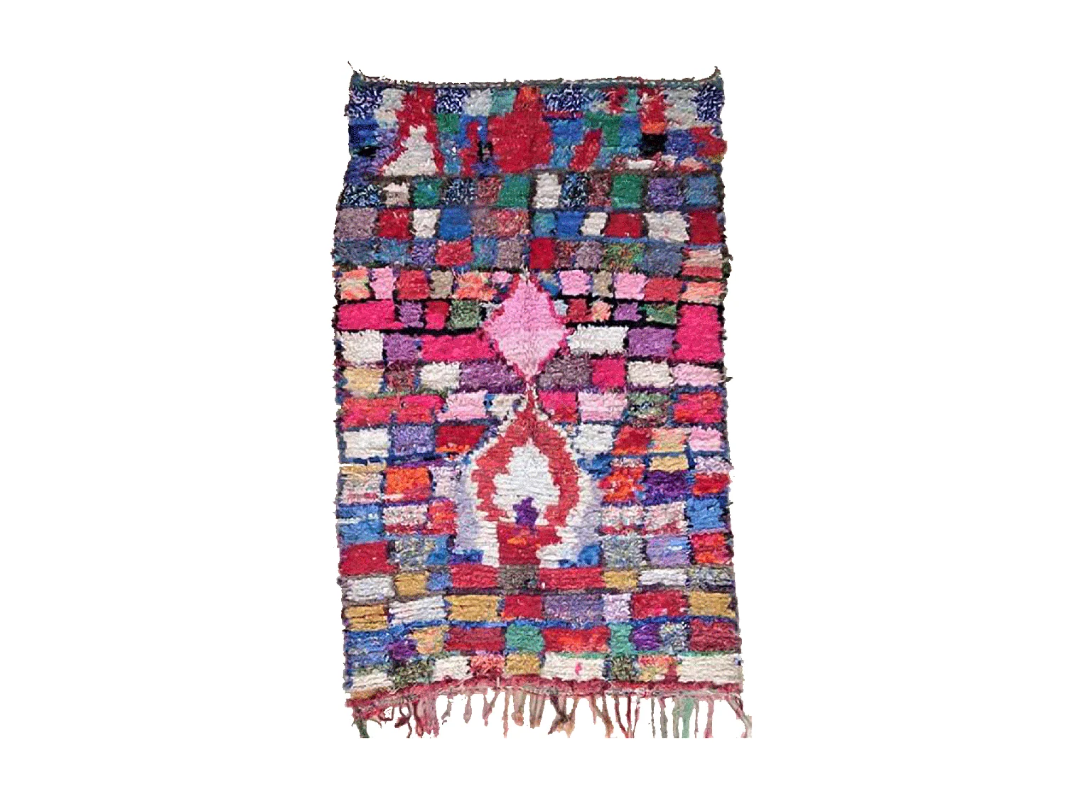 Authentique tapis berbère 160x250 fait main en tissu recyclé rose et bleu BOUSKE