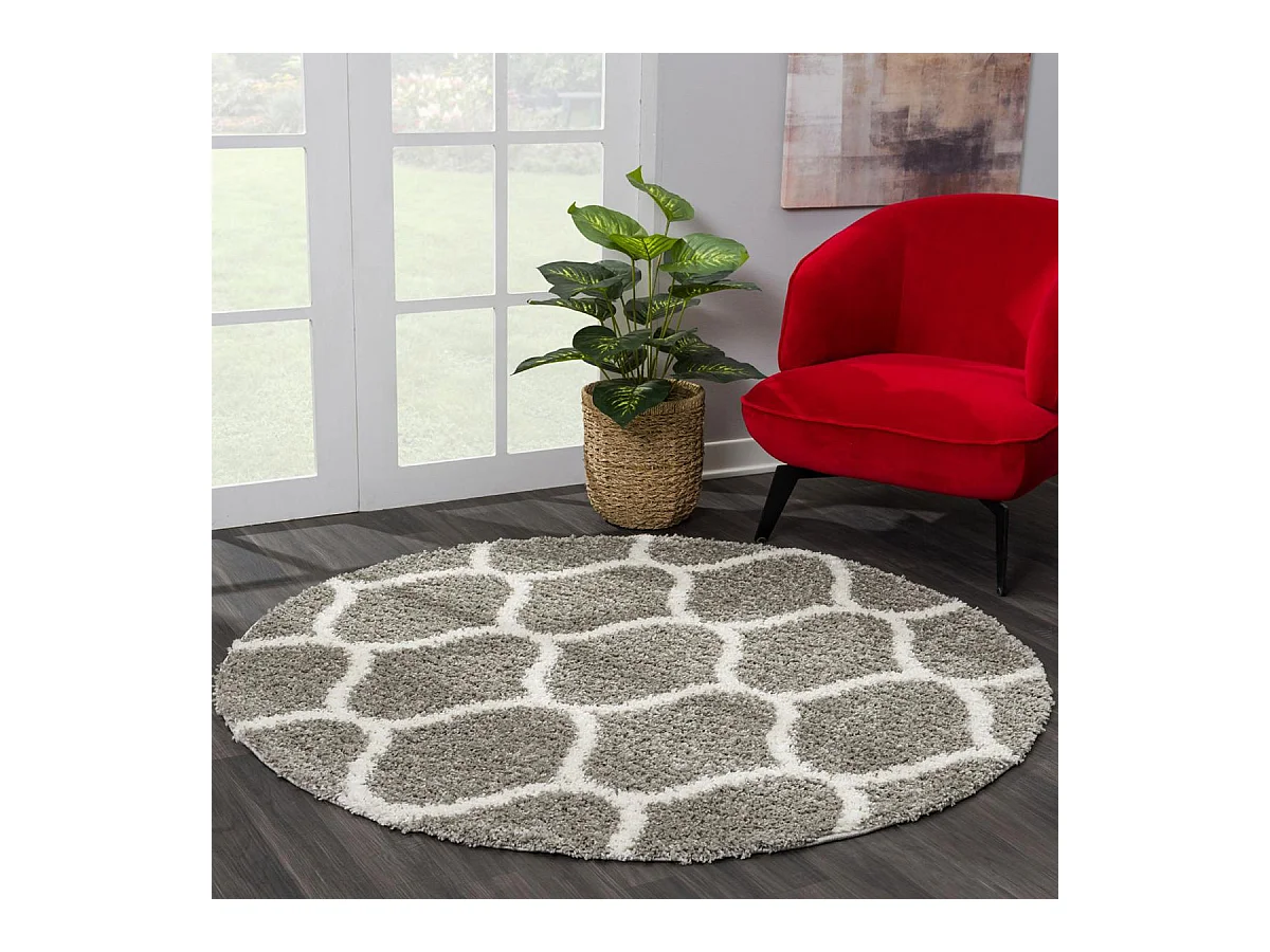 Tapis longs poils shaggy Ø200cm rond tissé gris motif scandinave SG MADRID