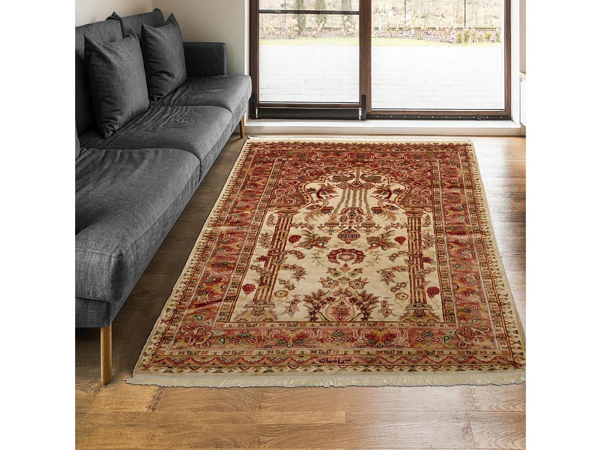 Authentique tapis d'Orient 125x175 fait main en soie beige JIHANGIR 66