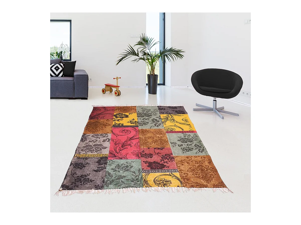 Tapis kilim 140x190 rectangle fait main en coton jaune motif ethnique