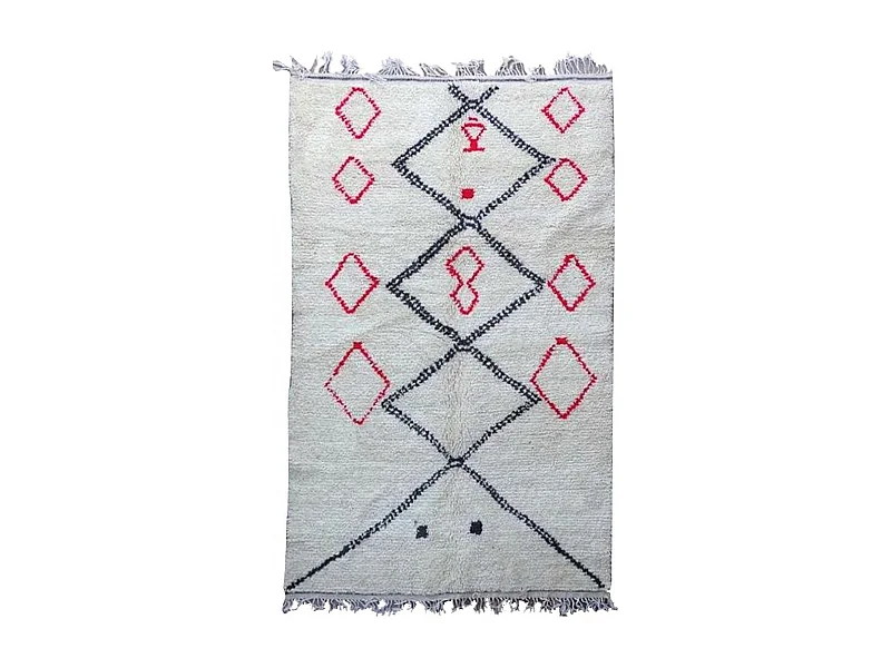 Authentique tapis berbère 155x250 fait à la main en laine crème et rouge Azilal Arguit