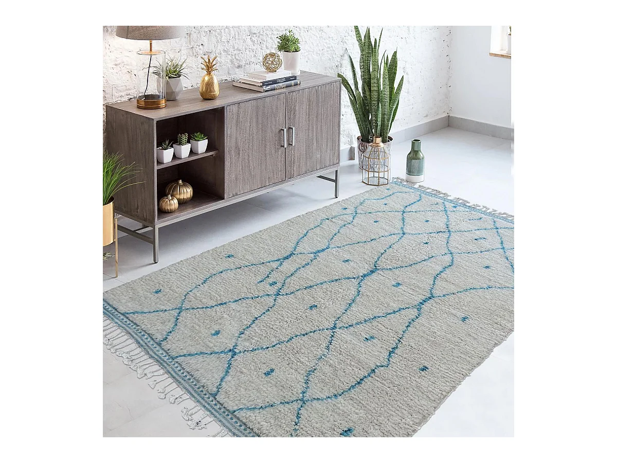 Authentique tapis berbère 160x265 fait à la main en laine crème et bleu ciel BENI OUARAIN DG