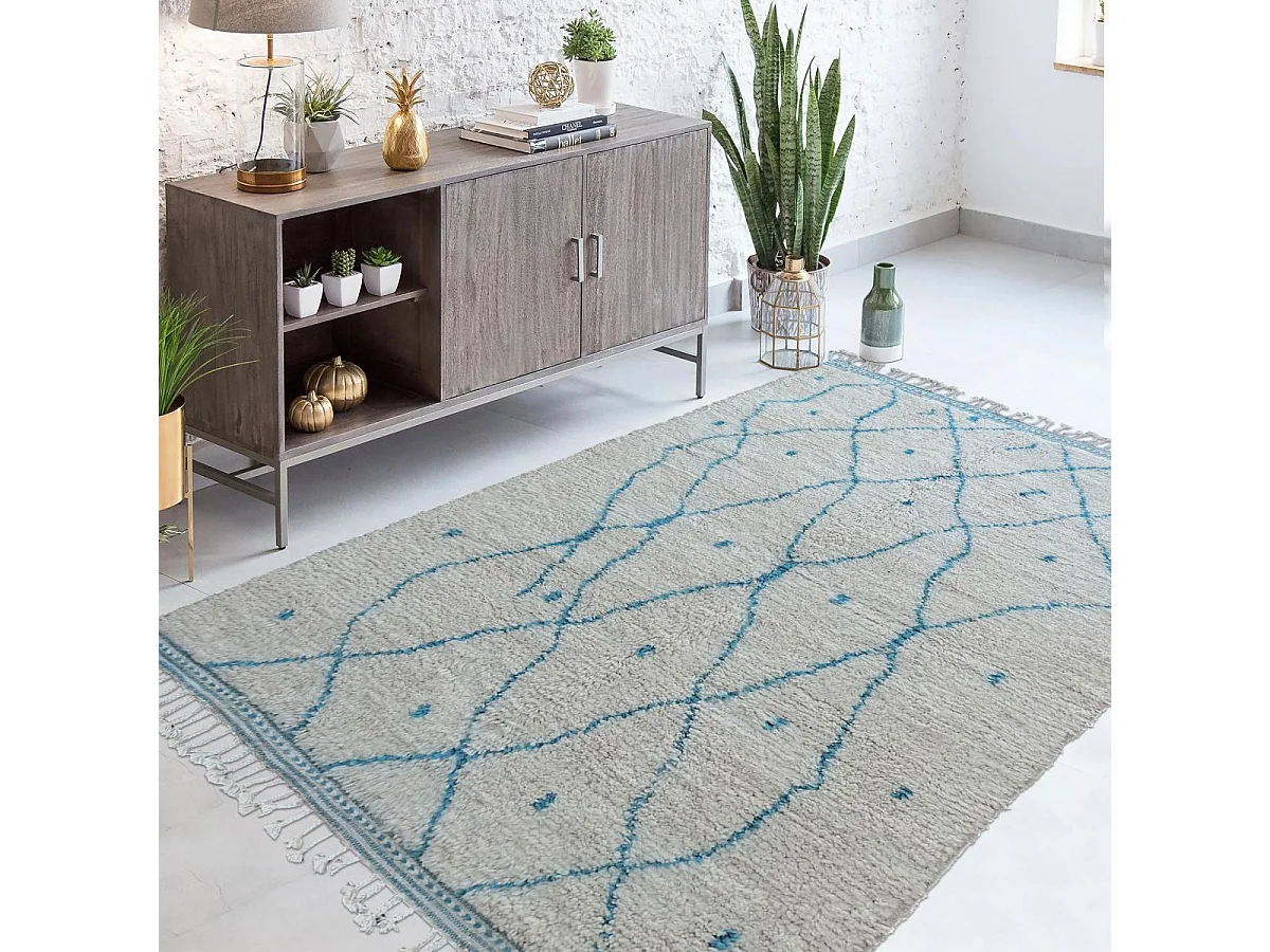 Authentique tapis berbère 160x265 fait à la main en laine crème et bleu ciel BENI OUARAIN DG