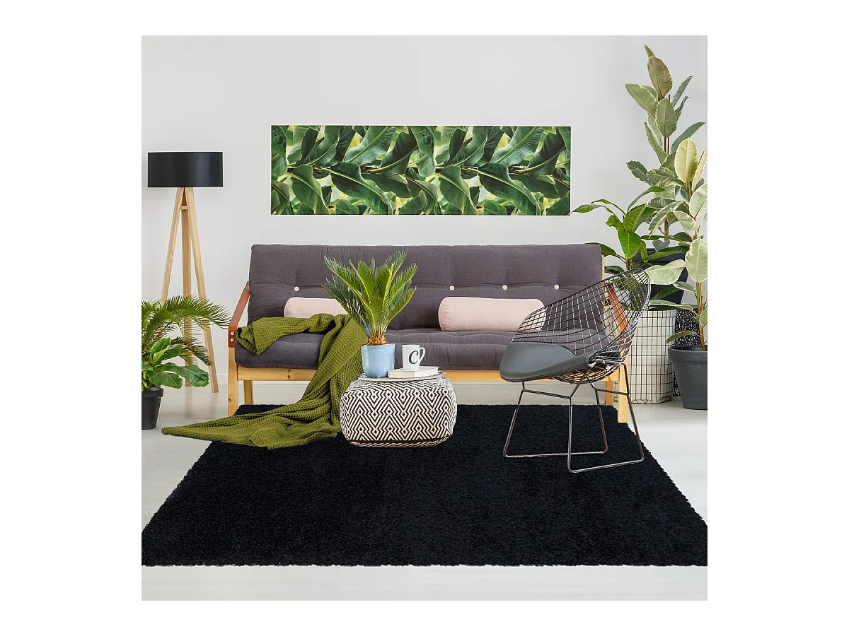 Tapis poils longs shaggy Ø120cm rond tissé noir motif uni UNI I