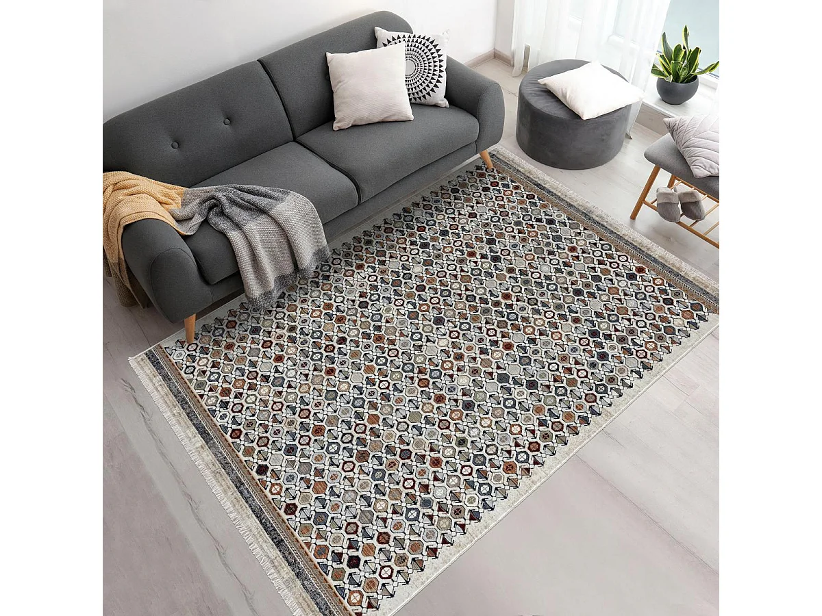 tapis salon 160x240 tissé rouge et jaune rectangle motif géométrique GUZELLE A