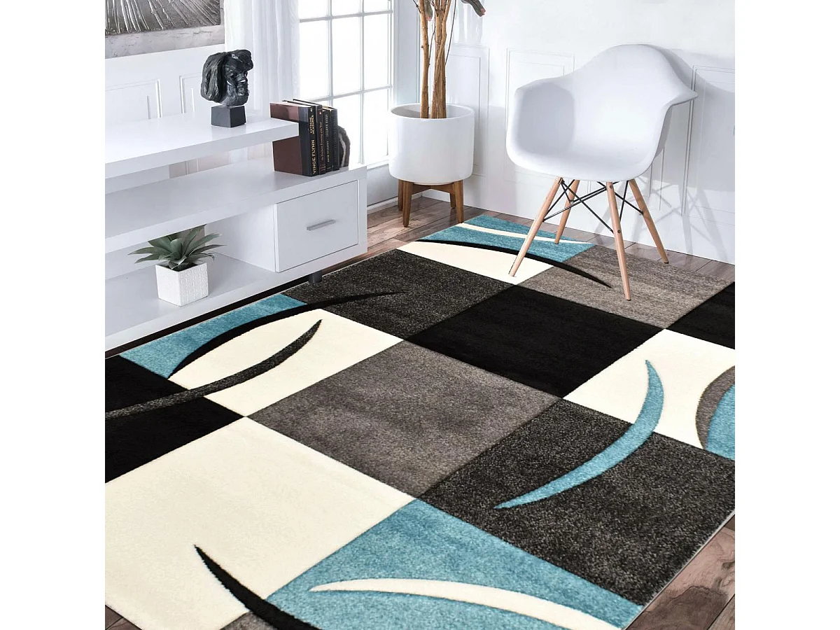 tapis salon 140x140 tissé bleu carré motif géométrique ABSTRATA