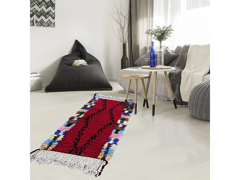 Authentique tapis berbère 55x115 fait à la main en laine rouge et noir BENI OUARAIN DF