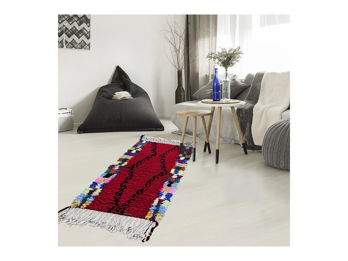 Authentique tapis berbère 55x115 fait à la main en laine rouge et noir BENI OUARAIN DF