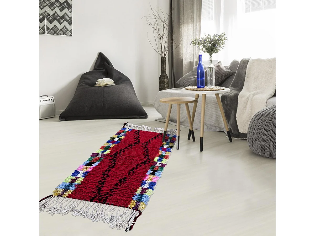Authentique tapis berbère 55x115 fait à la main en laine rouge et noir BENI OUARAIN DF