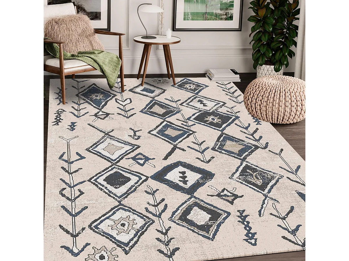 Tapis berbère 120x160 tissé motifs ethno-chic ELAM beige et noir