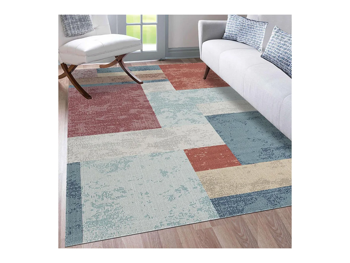 Tapis extérieur 120x160 tissé kilim bleu et orange SOYEUX C