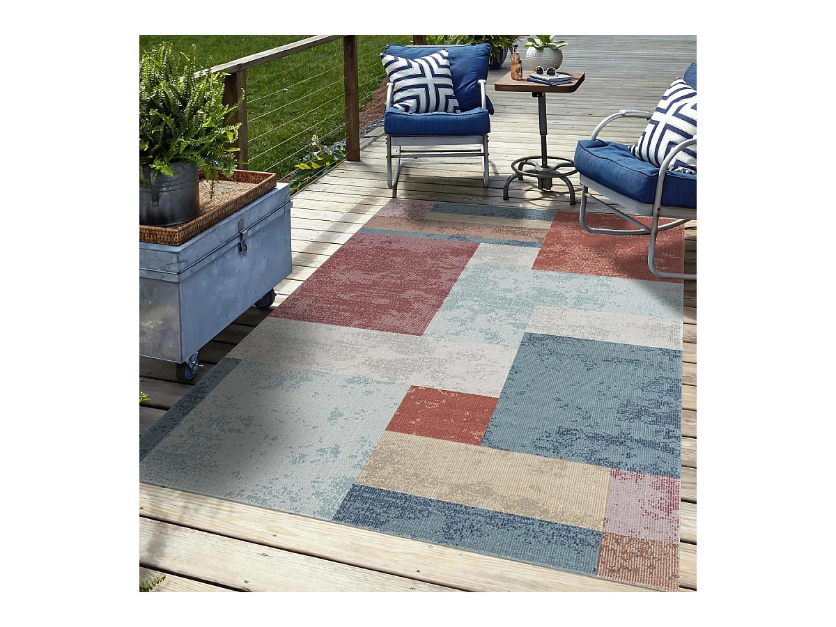 Tapis extérieur 120x160 tissé kilim bleu et orange SOYEUX C