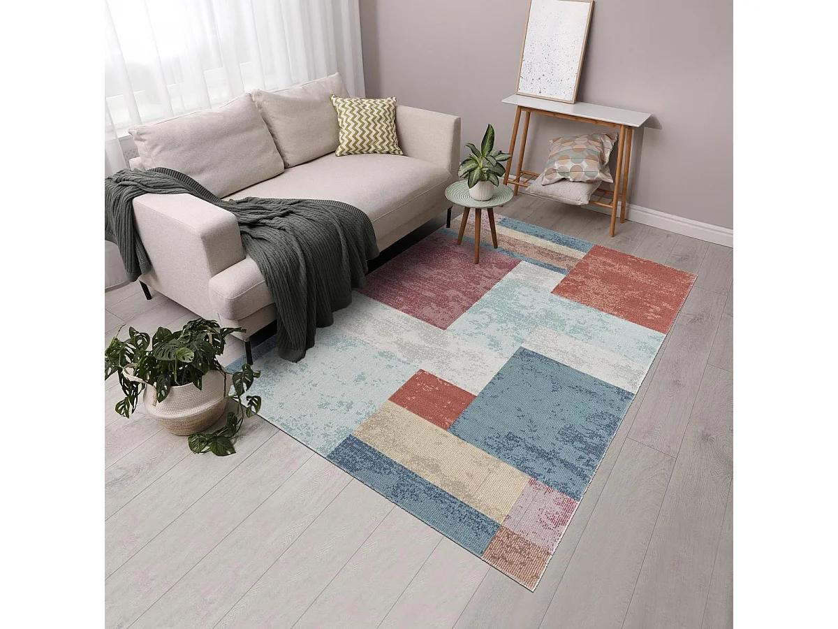 Tapis extérieur 120x160 tissé kilim bleu et orange SOYEUX C