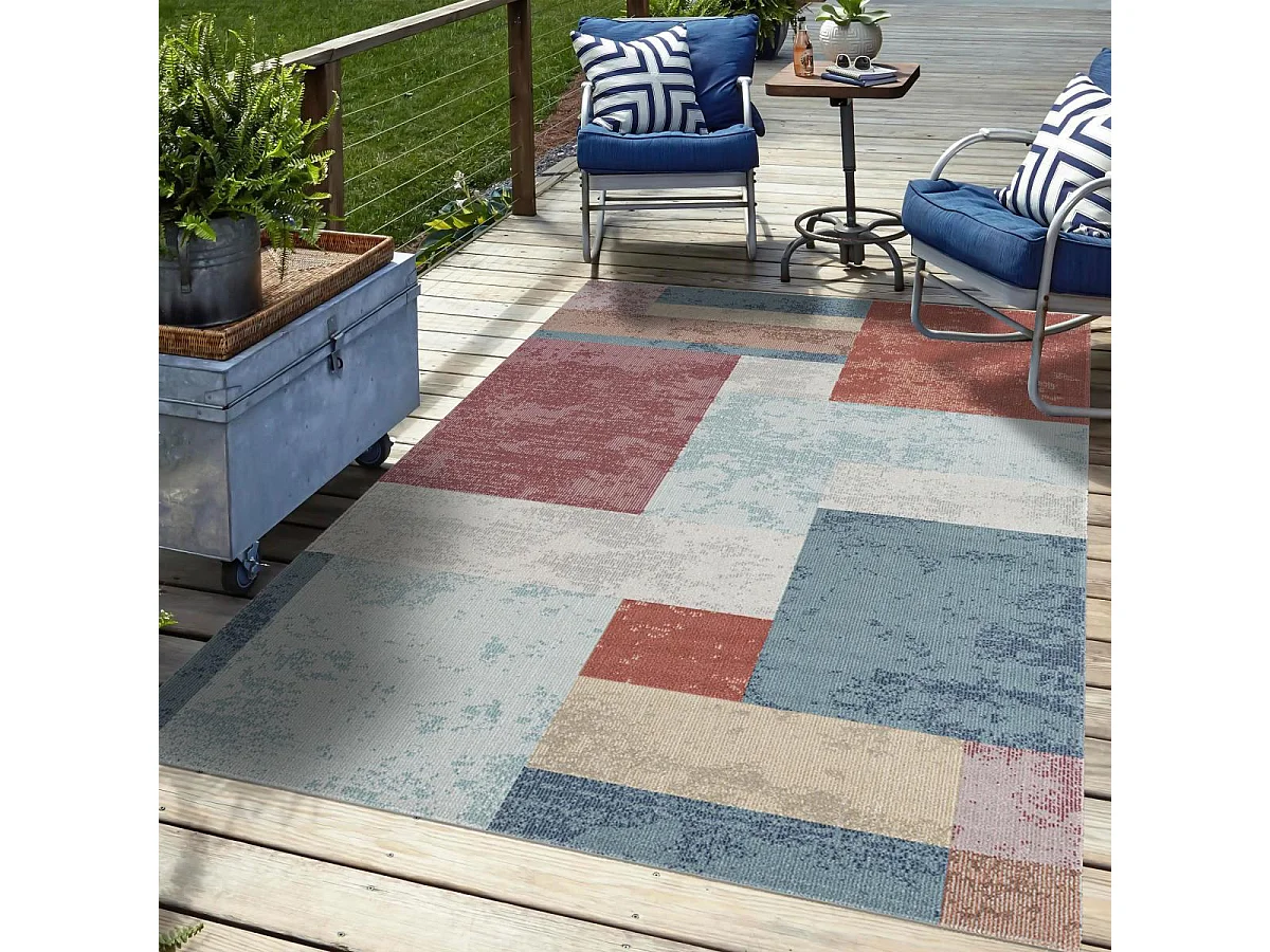 Tapis extérieur 120x160 tissé kilim bleu et orange SOYEUX C