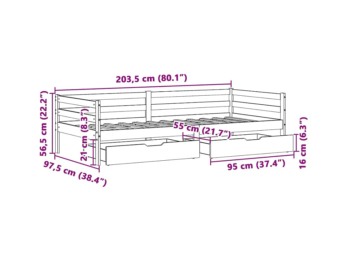 Lit de jour avec tiroirs sans matelas 90x200 cm bois massif